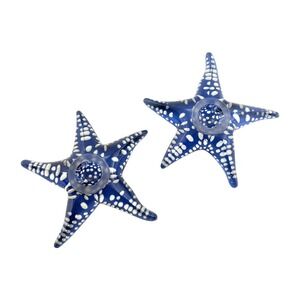 Starfish Candle Holders Blue Glass Luminarc France Vintage Pair Coastal Beach